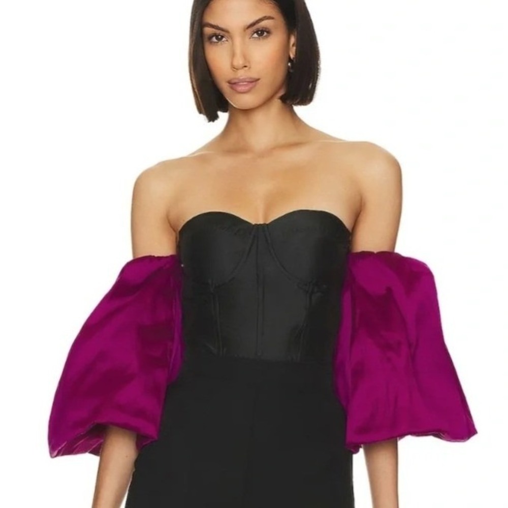 NEW MISA LA Dita Puff Sleeve Corset Top Off Shoulder Black Magenta Large
